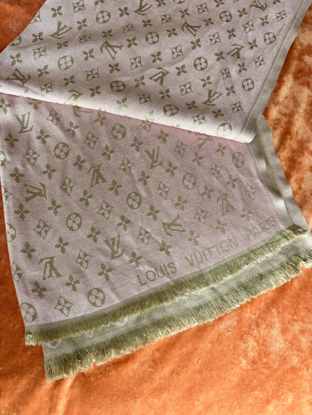 Louis Vuitton Pink and Gold Monogram Fringe Shawl Cashmere and Silk